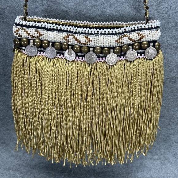 Elliot Mann NY Firefly Handbag Crossbody Beaded Gold Fringe Coins Studs Boho - Picture 7 of 10